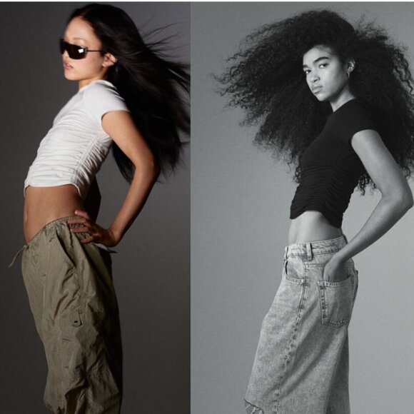 H&M DIVIDED Gathered Jersey Top, Black & White 2 pc Ruched Tee Bundle, XXS NWT - Picture 2 of 6